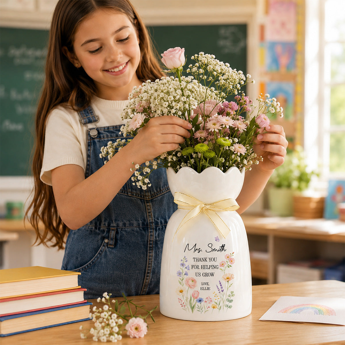 Thank You For Helping Us Grow - Personalized Ceramic Flower Vase - Teacher Appreciation Gift