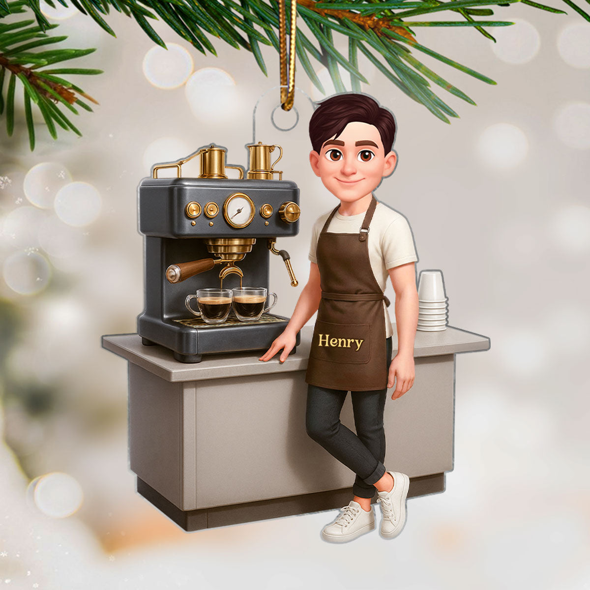 Espresso Machine Coffee Maker Diorama With Cups - Personalized Acrylic Ornament - Gift For Baristas And Coffee Lovers