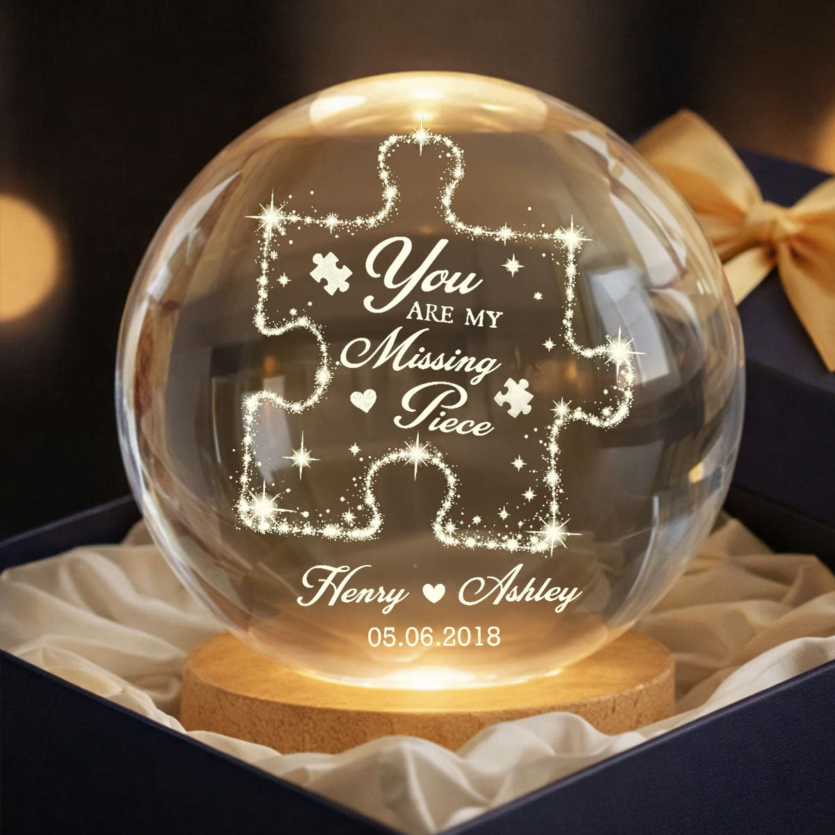 Couple You Are My Missing Piece - Personalized Crystal Ball LED Night Light - Heartfelt Anniversary Gift For Him, For Her