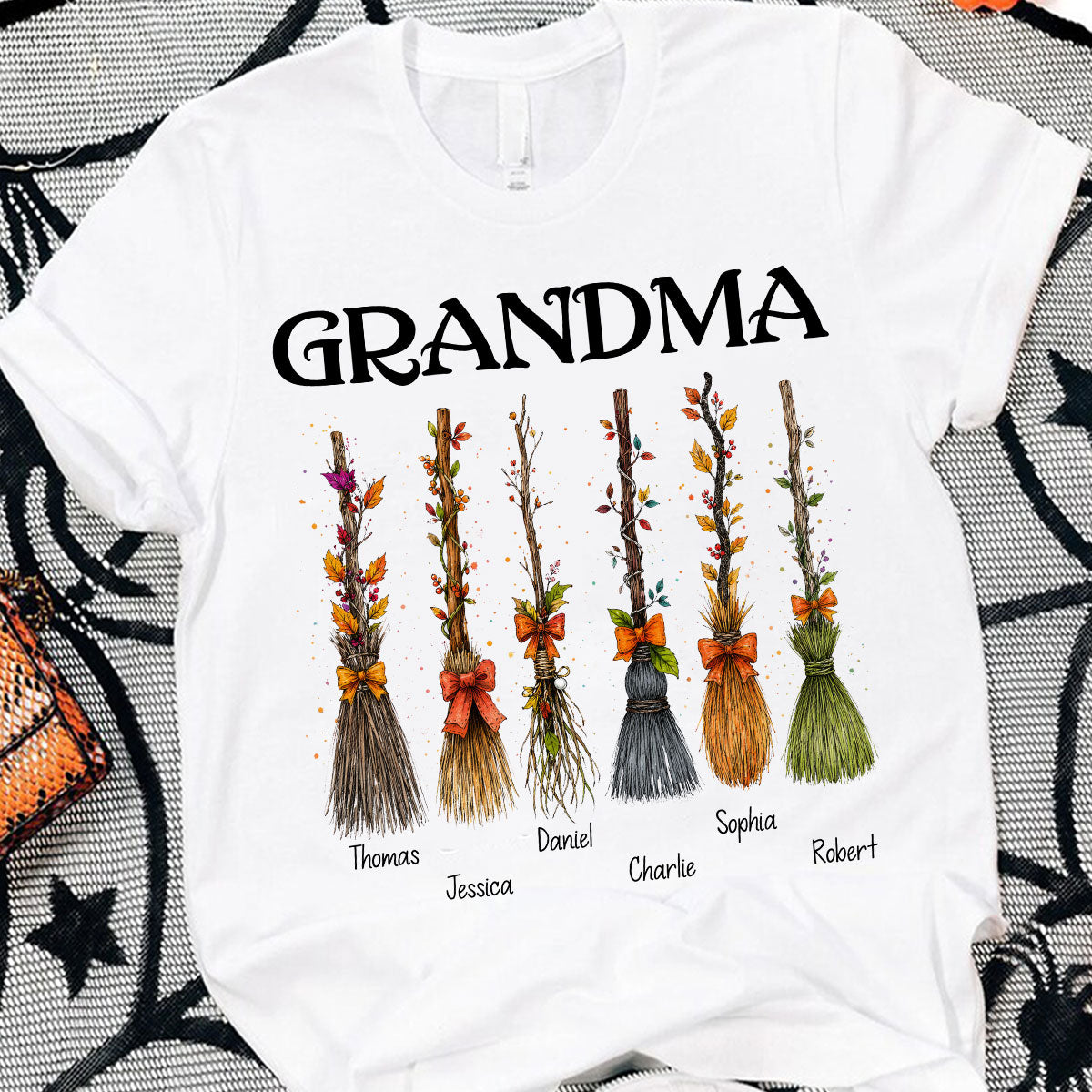 Grandma Witch Beautiful Broomsticks Custom Grandkids Names - Personalized Shirt - Halloween Gift For Grandma