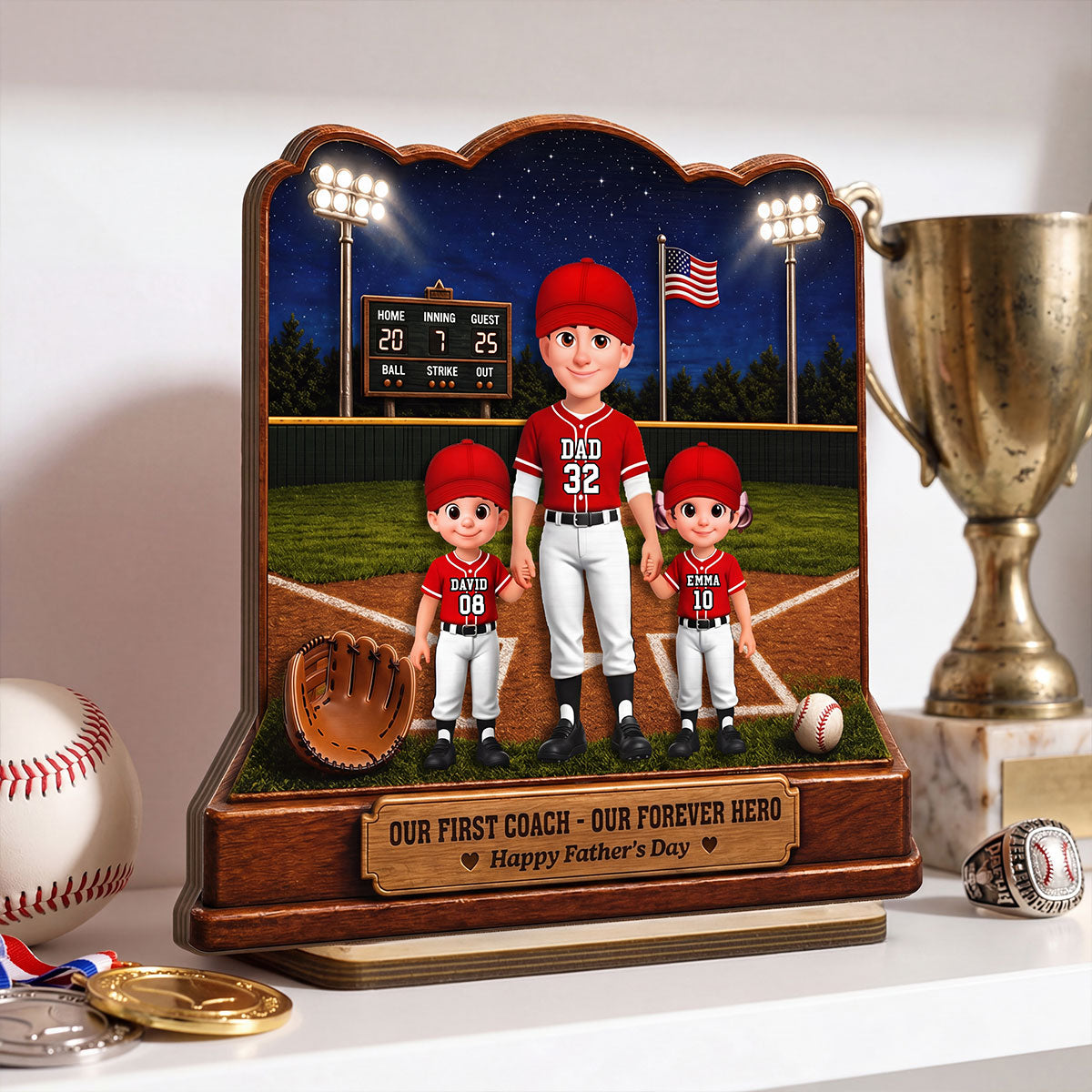 Baseball Dad And Kids Friday Night Lights We Caught The Best Dad - Personalized 2-Layered Wooden Plaque -  Gift For Dad