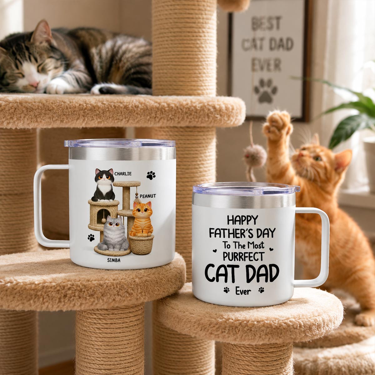 Happy Father's Day To The Most Purrfect Cat Dad Cute Cats On Cat Tree - Personalized Stainless Steel Tumbler With Handle - Father's Day Gift For Cat Dad