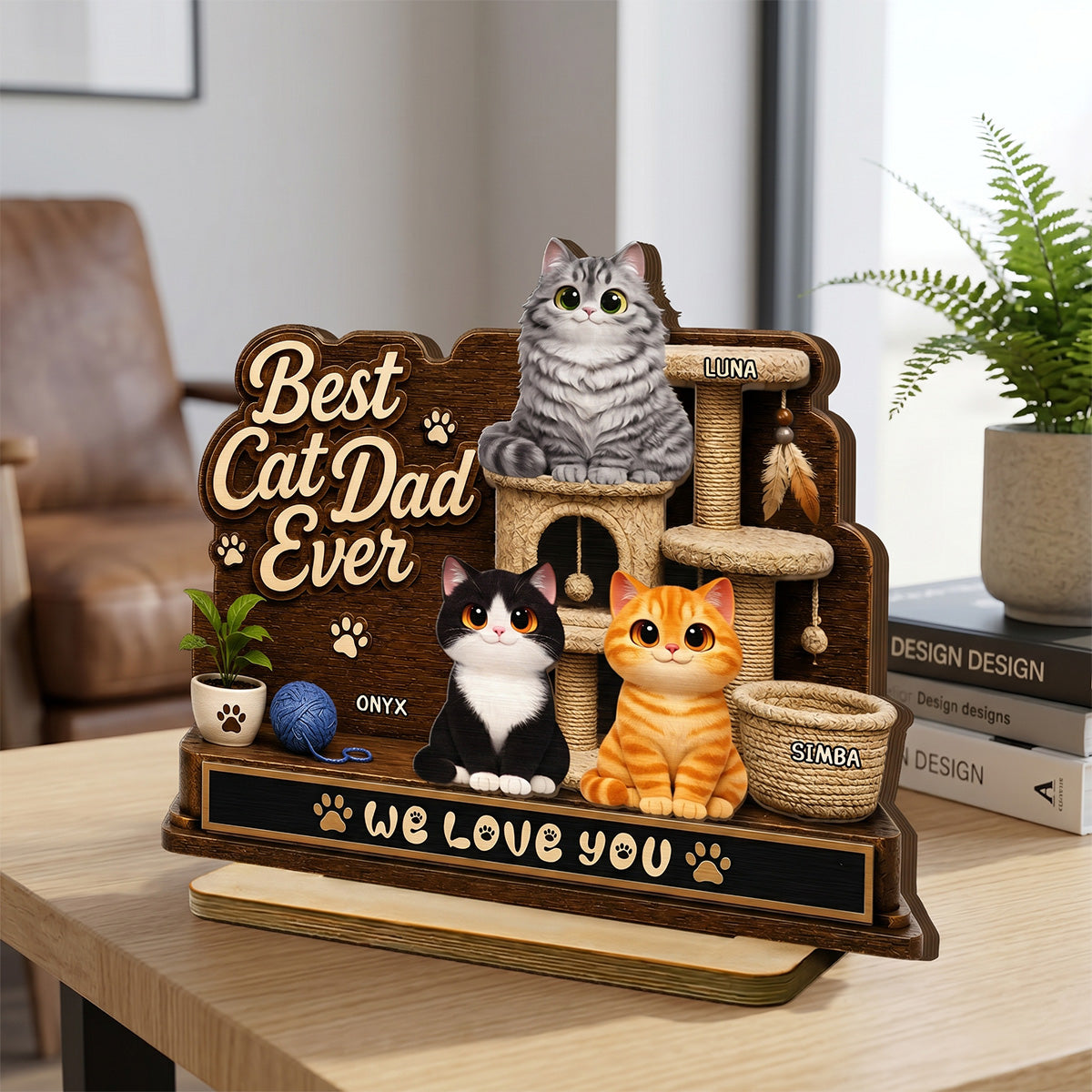 Best Cat Dad Ever Cute Cats On Cat Tree 2D Flat - Personalized 2-Layered Wooden Plaque -  Gift For Cat Dad