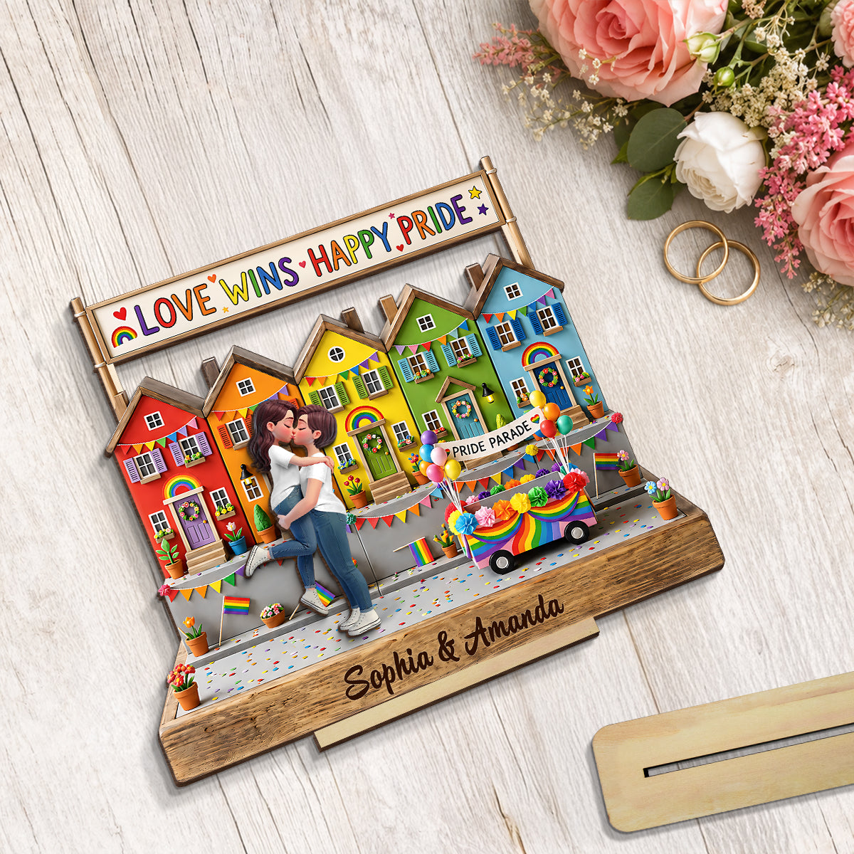 Love Wins LGBT+ Couple - Personalized 2-Layered Wooden Plaque - Gift For Couple, Happy Pride Month