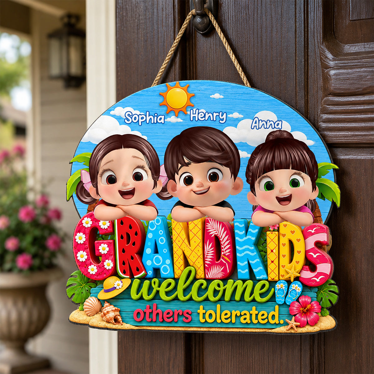 Grandkids Welcome Others Tolerated - Personalized Door Sign - Farmhouse Rustic Summer Decorations for Home