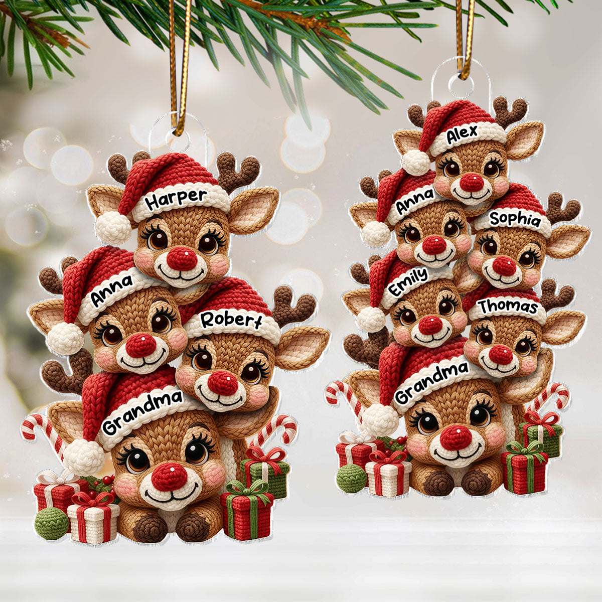 3D Effect Faux Yarn Grandma & Grandkids Reindeer Christmas - Personalized Acrylic Ornament - Gift for Grandma, Grandkids