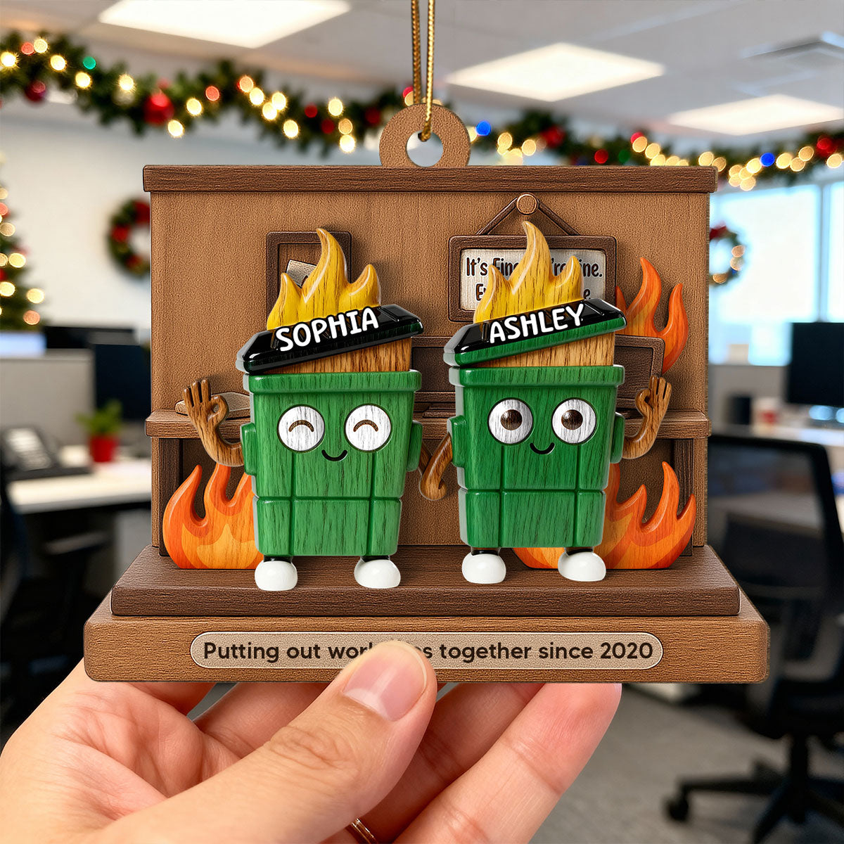 3D Effect Dumpster Fires In Office Scene - Personalized Wooden Ornament - Funny Gift For Colleagues, Work Besties