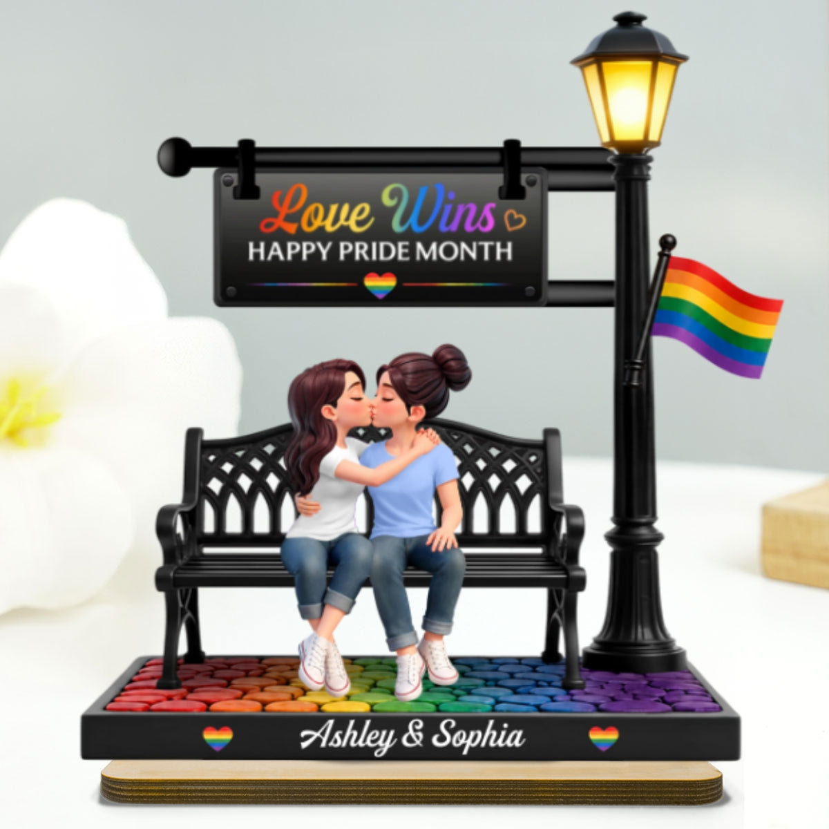 LGBT+ Couple Sitting On Bench Under Lamp Post - Personalized 2-Layered Wooden Plaque - Gift For Couple, Happy Pride Month