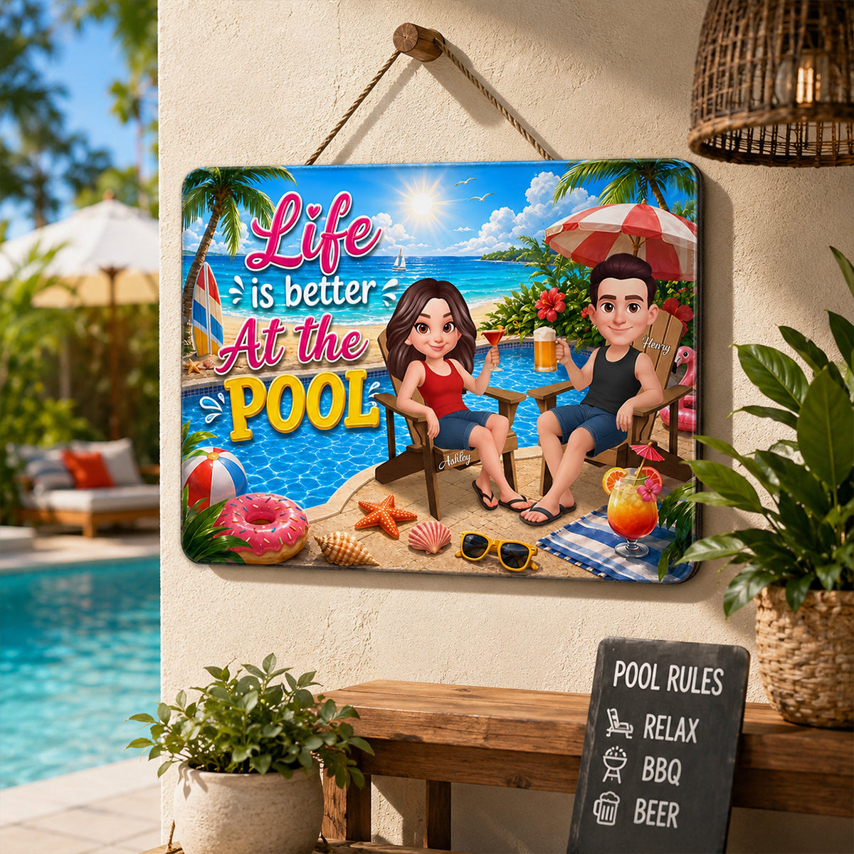 Life is Better at the Pool Summer Couple - Personalized Wood Sign - Summer Decor, Summer Housewarming Gift