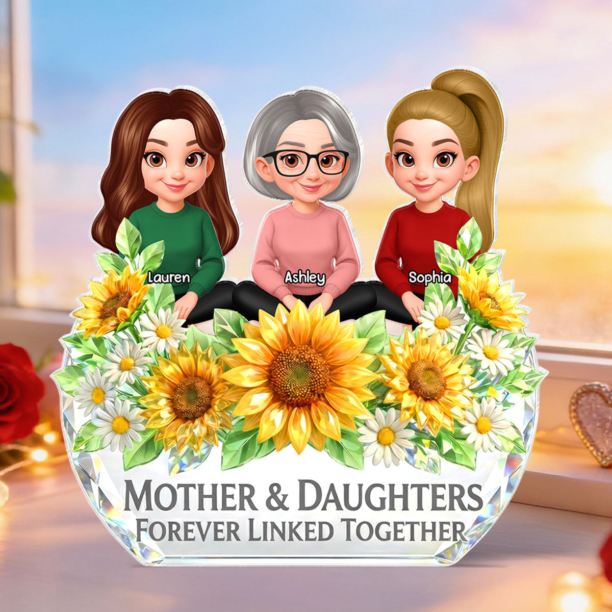 Mother Daughter Forever Linked Together Sunflower Pattern - Personalized Acrylic Block Plaque - Heartfelt Gift for Mom, Wife