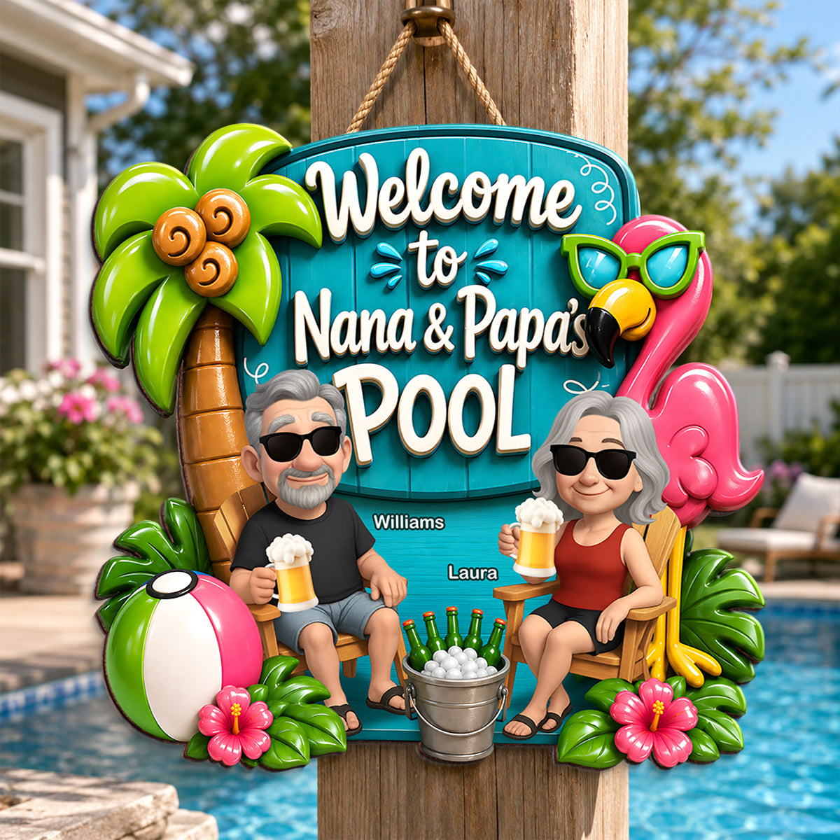 Welcome To Nana & Papa's Pool Funny - Personalized Wood Sign - Gift For Grandpa, Grandma, Summer Decorations