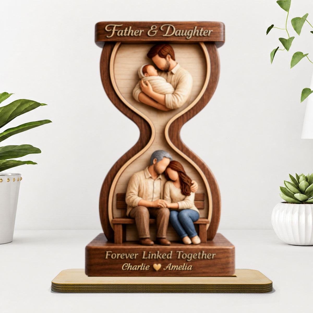 Father & Daughter Forever Linked Together - Personalized 2-Layered Wooden Plaque - Heartfelt Gift For Dad, Husband
