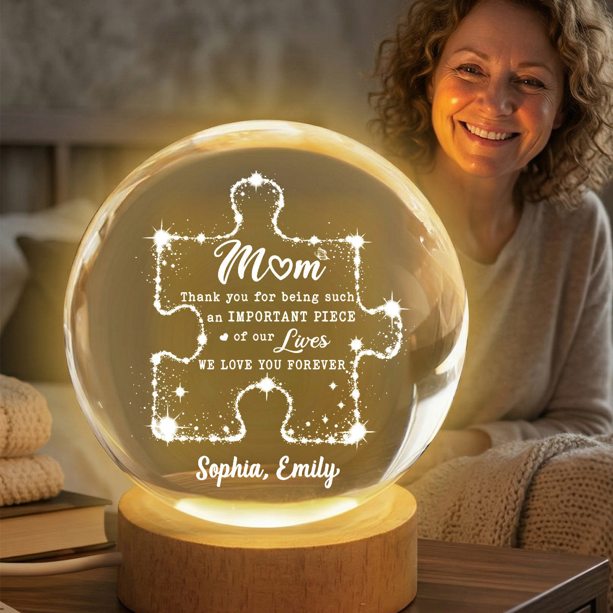 Mom Thank You Important Piece Of My Life - Personalized Crystal Ball LED Night Light - Gift For Mom