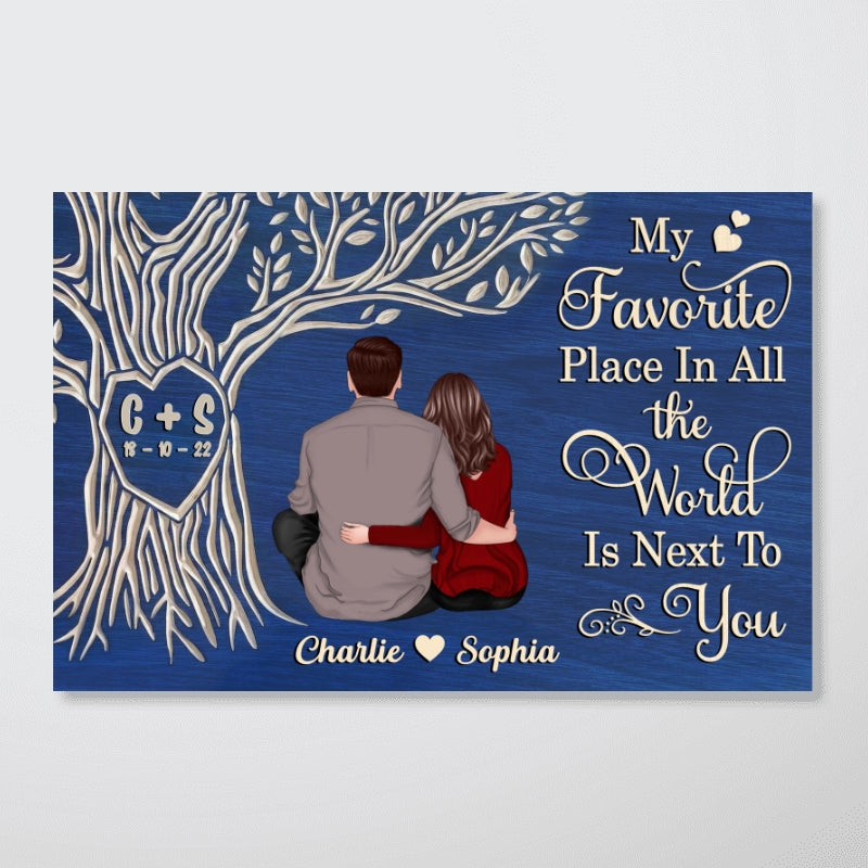 Favorite Place Next To You Couple Sitting Under Heart Carved Tree - Personalized Poster - Anniversary Gift, Valentine's Gift For Him, For Her
