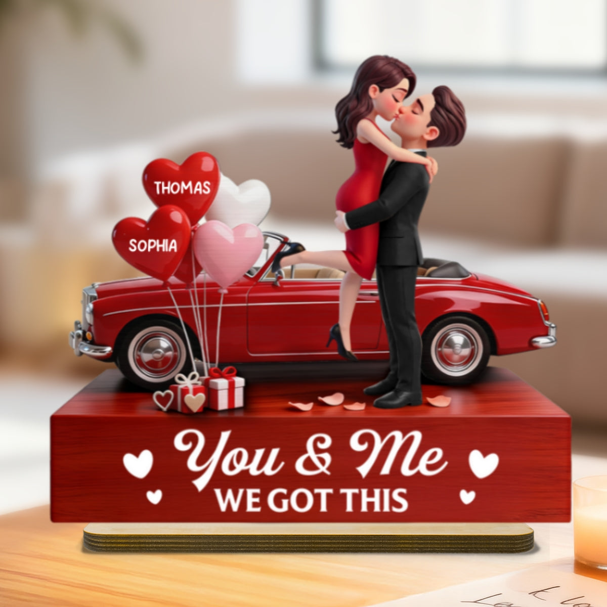 Valentine Car Romantic Couple Hugging Kissing - Personalized 2-Layered Wooden Plaque - Valentine's Day Gift For Couple