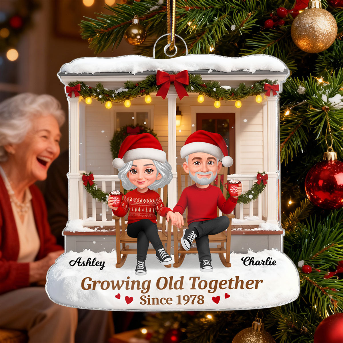 3D Effect Christmas Couple Sitting On Front Porch - Personalized Acrylic Ornament - Heartfelt Gift For Couple