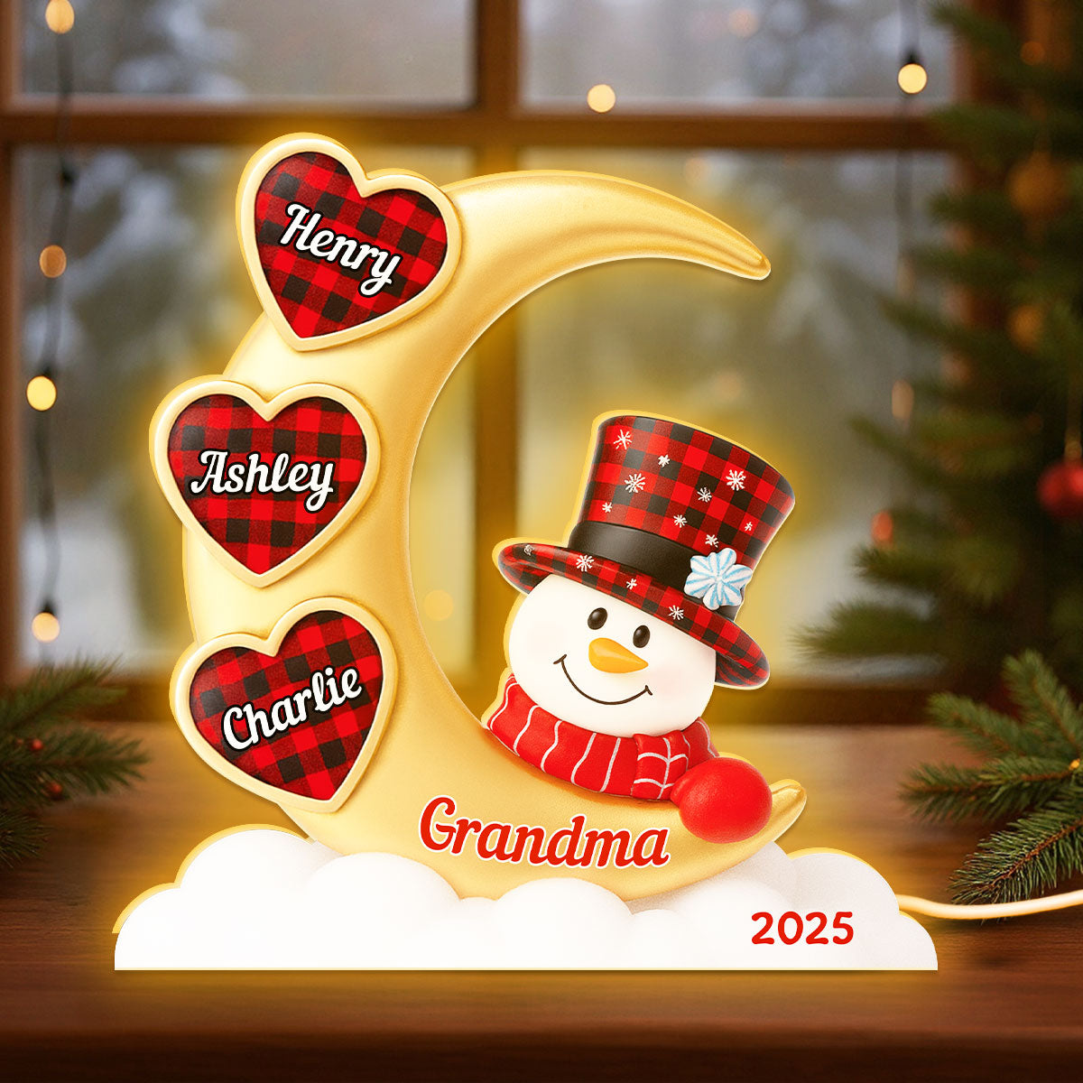 Snowman Grandma And Grandkids On Moon - Personalized Light box - Perfect Christmas Gift for Grandma