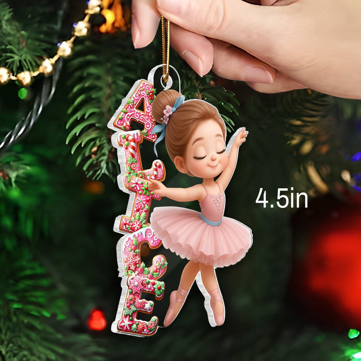 Little Girl Balletina Dance Custom Name Pink Gingerbread Pattern - Personalized Acrylic Ornament - Heartwarming Christmas Gift For Kid