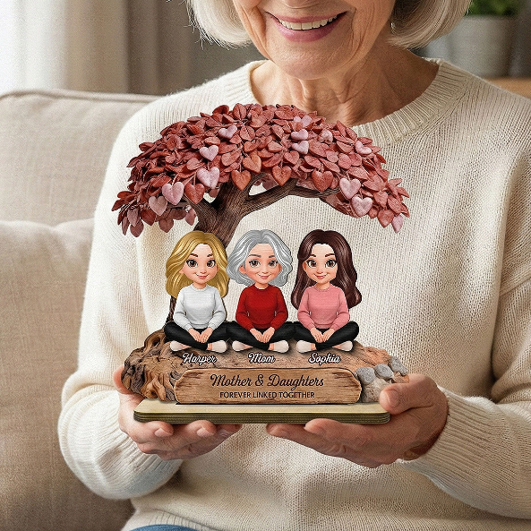 Mom And Daughter Son Under Heart Tree - Personalized 2-Layered Wooden Plaque - Mother's Day Gift For Mom