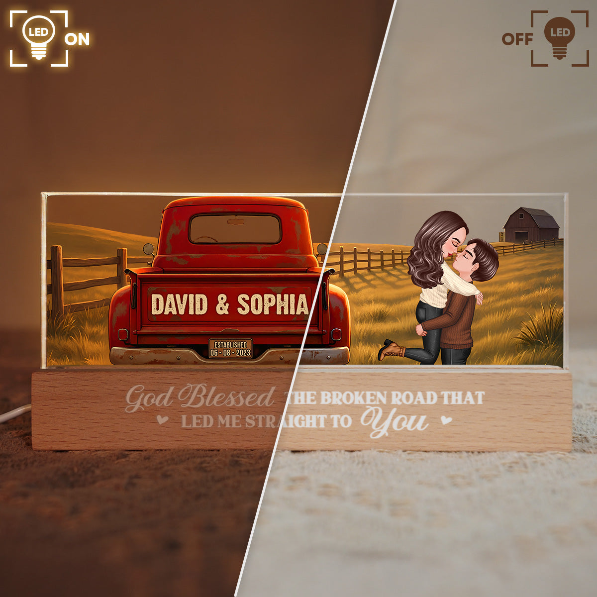 Rustic Nostalgia Red Truck Couple Hugging Kissing Farmhouse Decor - Personalized Acrylic Block LED Night Light - Heartfelt Valentine, Anniversary Gift For Him, For Her