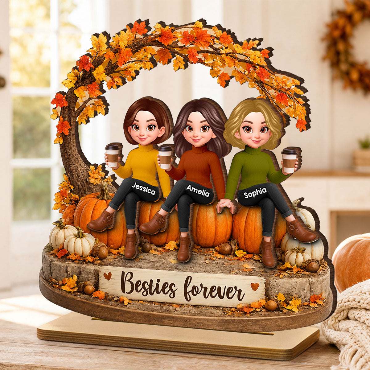 Cozy Autumn Besties Forever - Personalized 2-Layered Wooden Plaque - Fall Season Gift For Besties