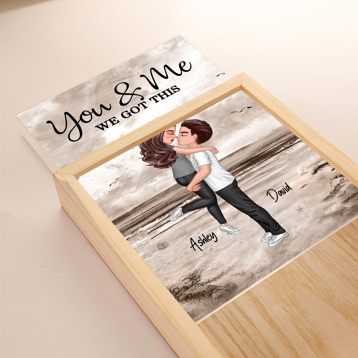 Retro Vintage Couple Hugging Kissing Beach Landscape Personalized Wooden Frame Light Box