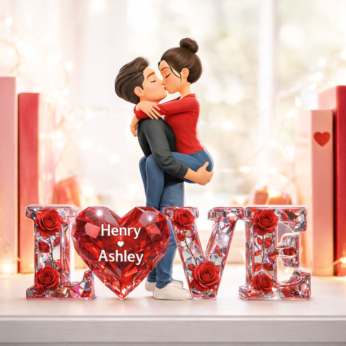 3D Shiny Rose Love Kissing Couple - Personalized Acrylic Block Plaque - Heartfelt Valentine's Day Gift For Him, Gift For Her