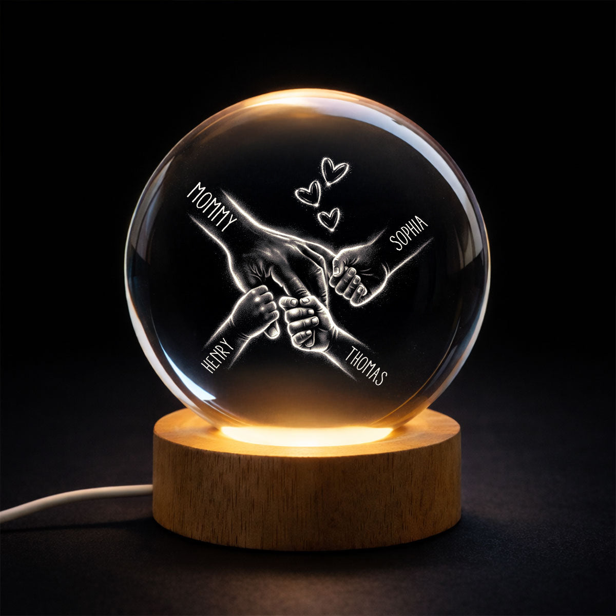 Kids Holding Mom's Hand - Personalized Crystal Ball LED Night Light - Heartfelt Mother's Day Gift for Mom, Wife