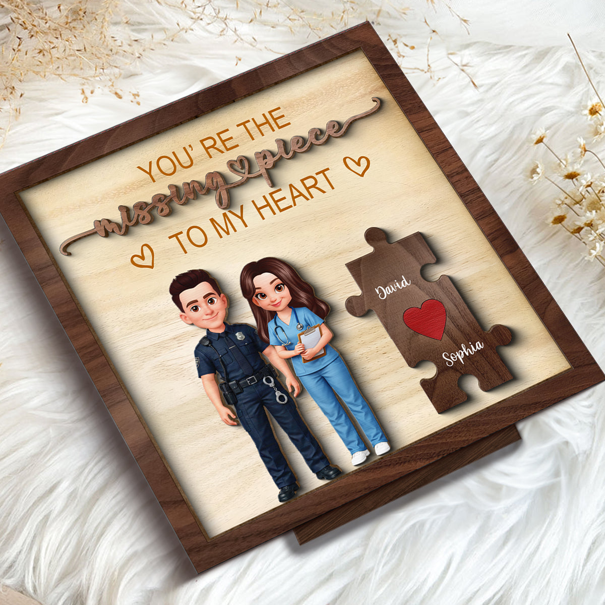 The Missing Piece to My Heart Couple Occupation Nation Flag - Personalized 2-Layered Wooden Plaque - Heartfelt Gift for Him, for Her