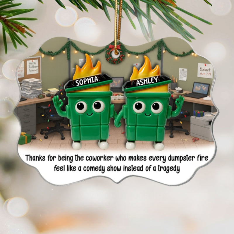 Thank You Work Besties 3D Effect Dumpster Fires - Personalized Acrylic Ornament - Funny Gift For Colleagues, Work Besties