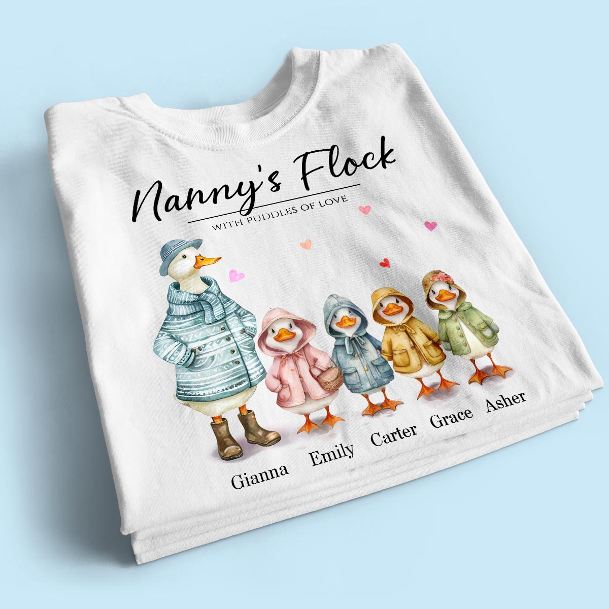 Nanny's Flock Gift For Grandma Nana Grammy Cute Watercolor Ducks Personalised Shirt, Mother's Day Gift