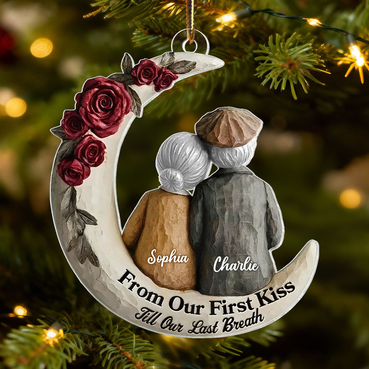 Couple On The Moon Faux Wood - Personalized Acrylic Ornament - Heartwarming Christmas Gift For Him, For Her, For Couple