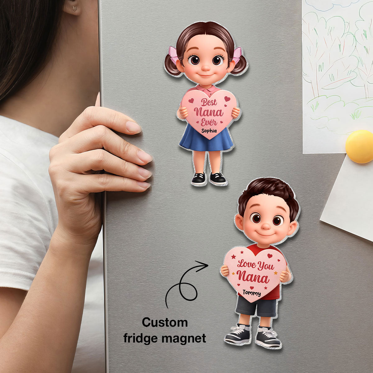 Kid Holding Heart - Personalized Acrylic Fridge Magnet - Mother's Day Gift for Grandma, Mom, Wife