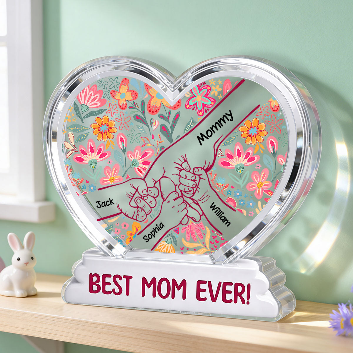 Kids Holding Hand Floral Boho 2D Flat - Personalized Acrylic Block Plaque - Mother's Day Gift For Mom Grandma