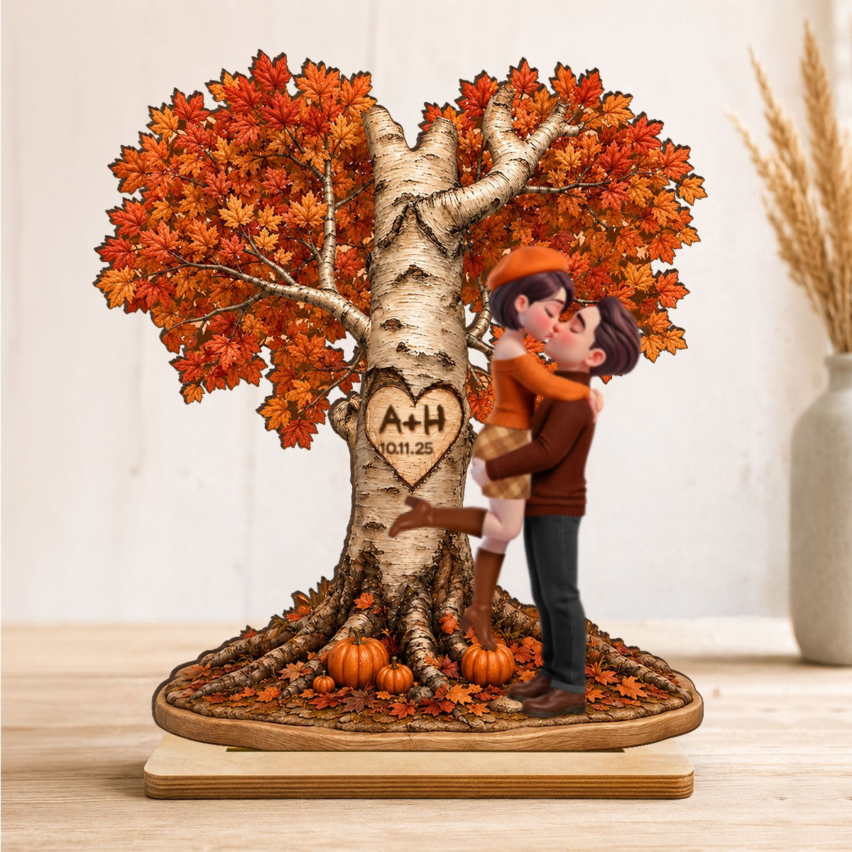 Fall Season Love Tree - Personalized 2-Layered Wooden Plaque - Heartfelt Anniversary Wedding Gift for Her, for Him
