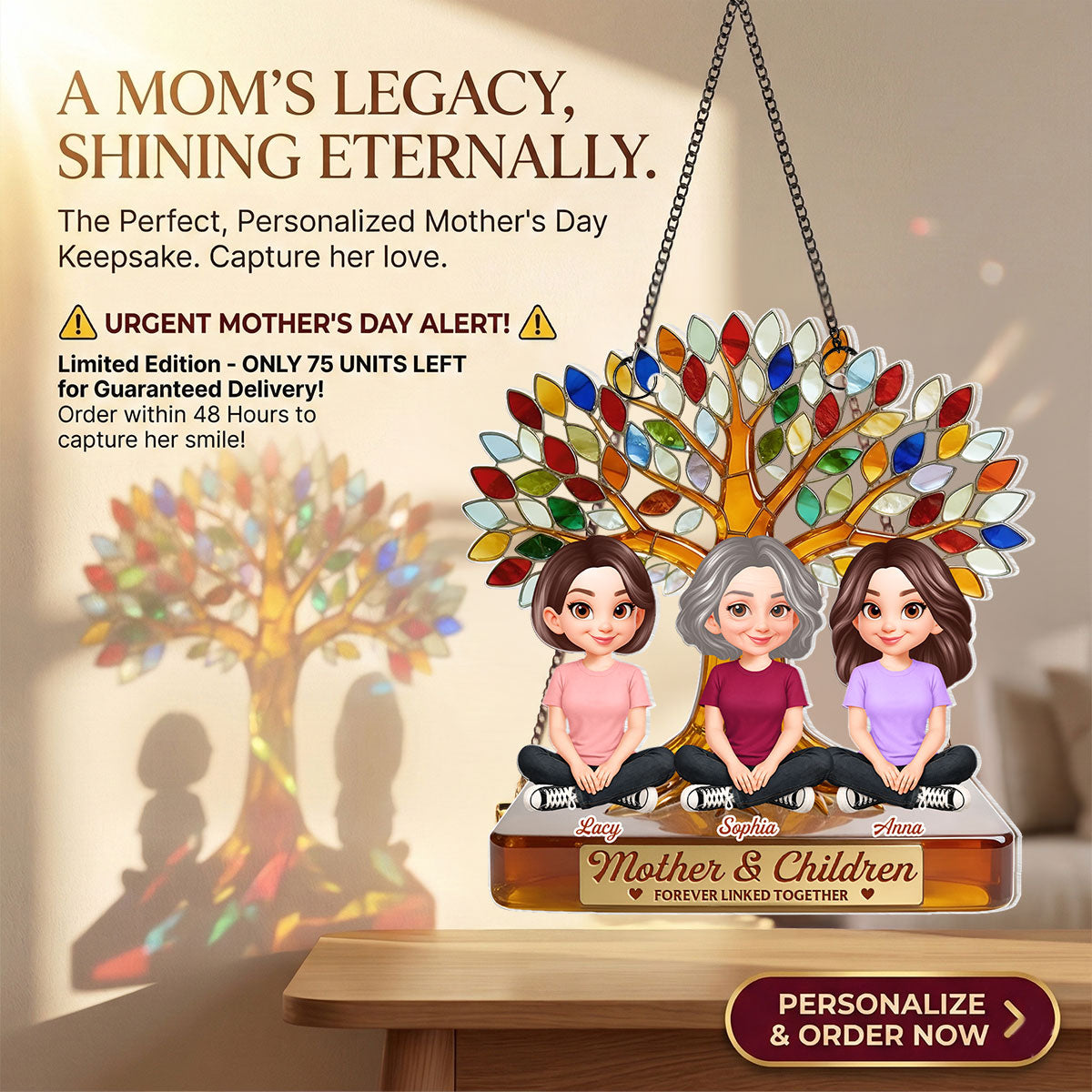 Mom And Son Daughter Under Colorful Tree Of Life - Personalized Suncatcher Ornament - Gift For Mom
