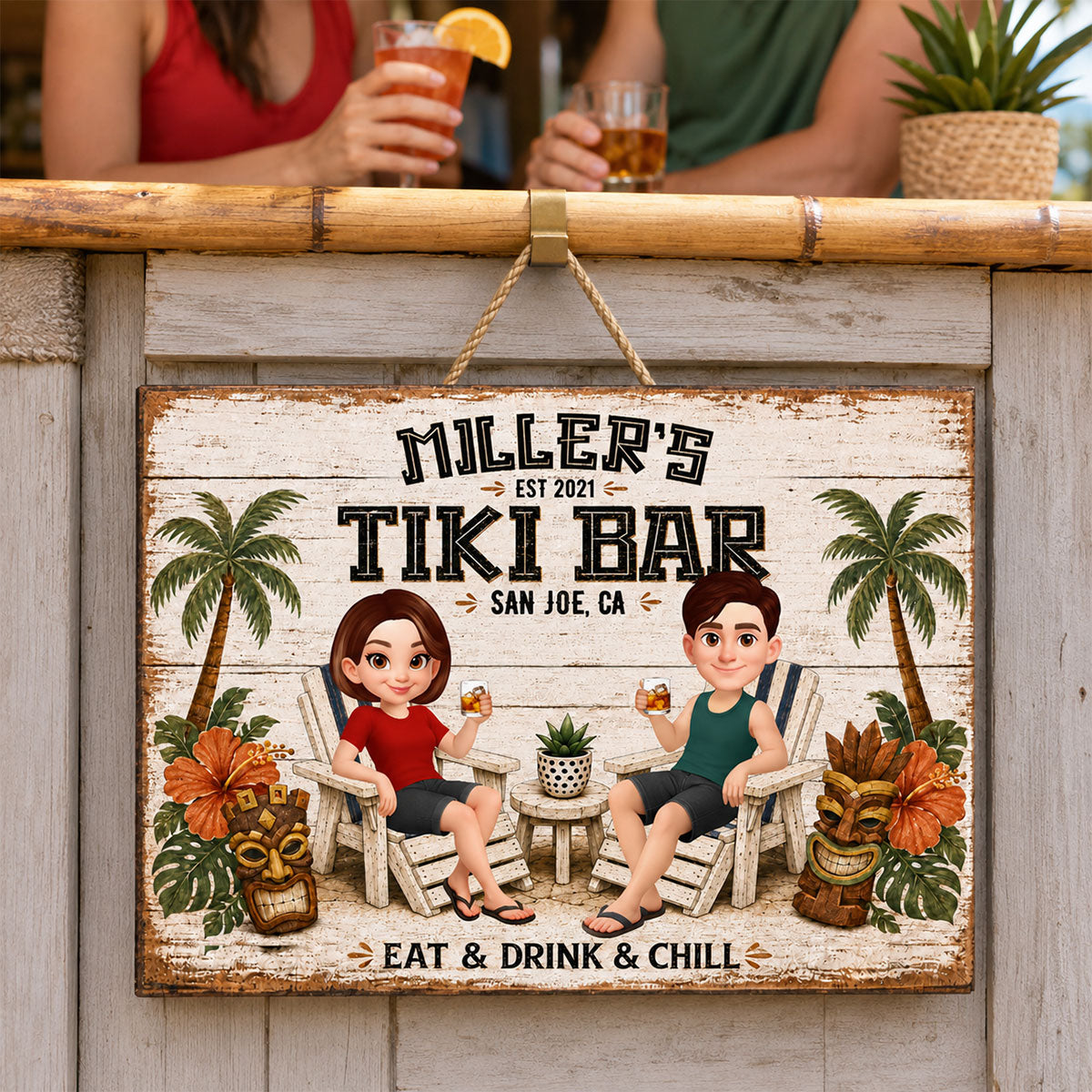 Custom Couple Tiki Bar - Personalized Wooden Sign - Outdoor Home Bar Decor, Eat Drink & Chill Sign, New Home Gift