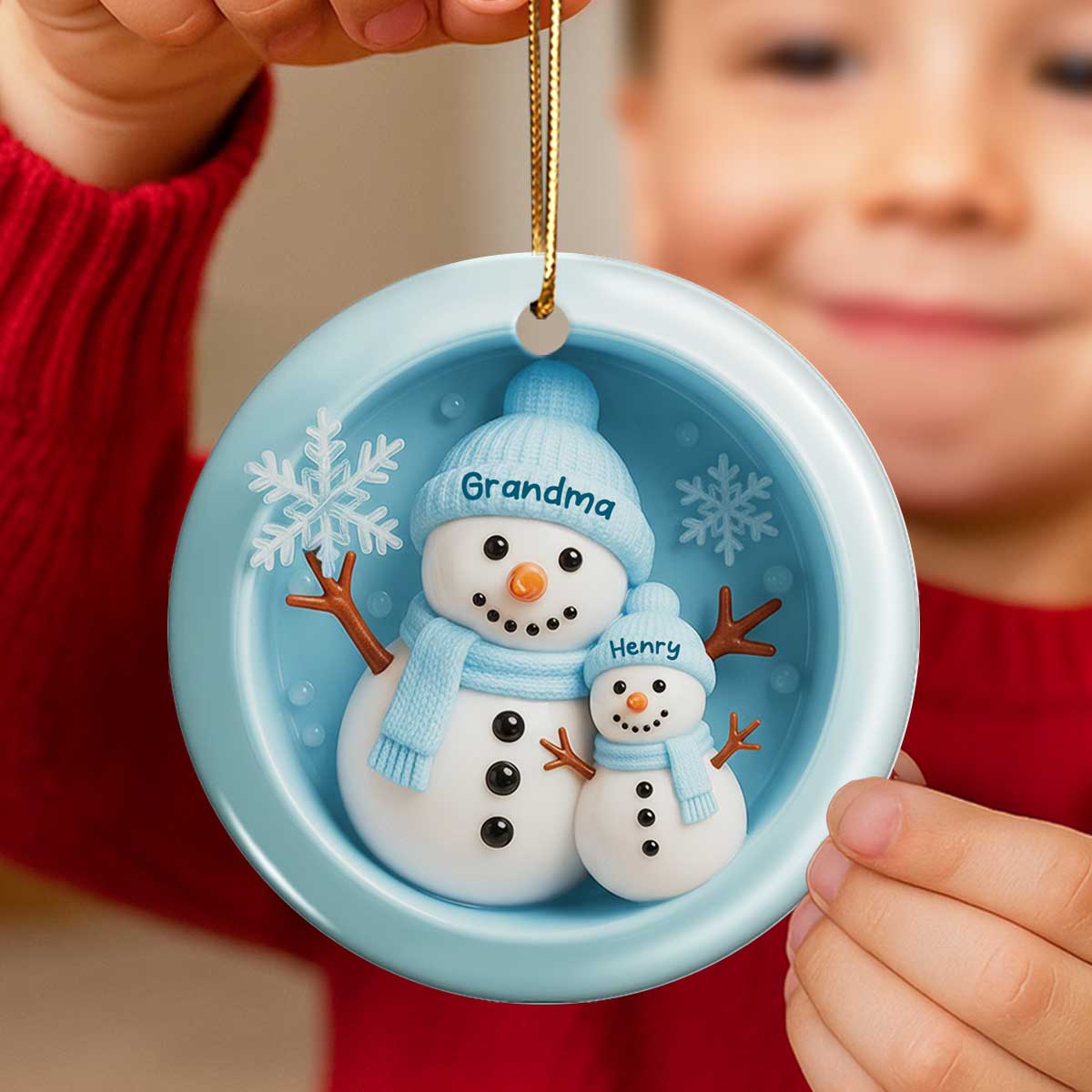 3D Effect Snowman Grandma Granddaughter Grandson - Personalized Ceramic Ornament