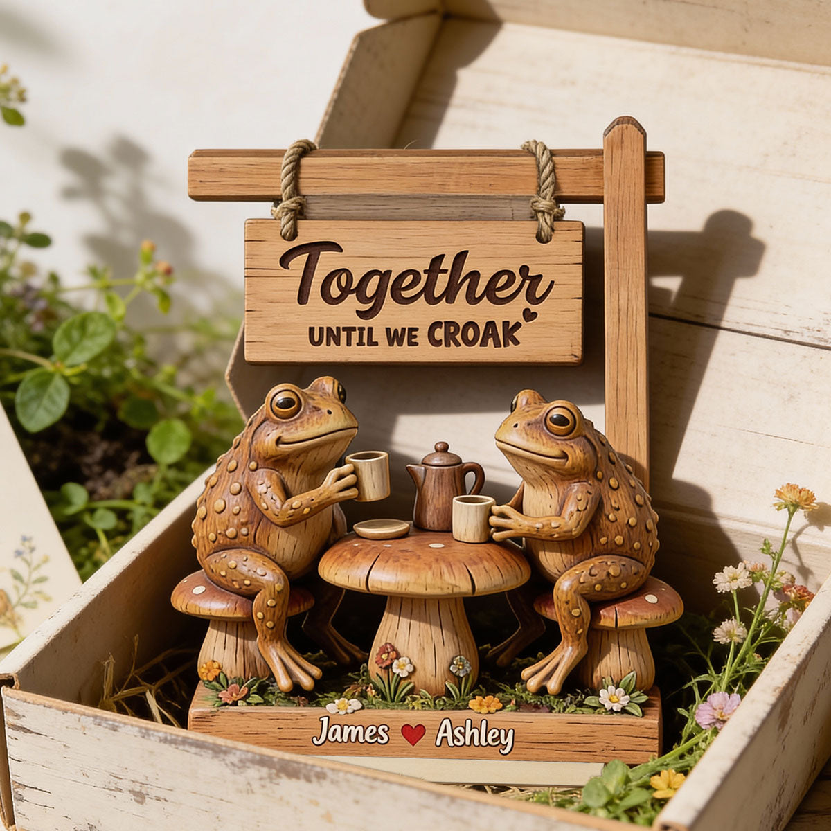 3D Effect Toad Couple In Garden Together Until We Croak - Personalized 2-Layer Wooden Plaque - Gift For Him, Gift For Her
