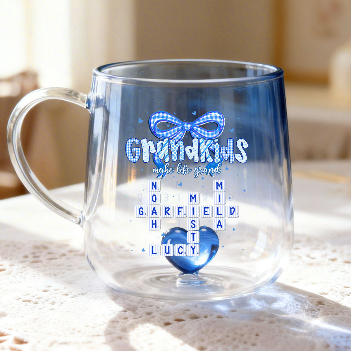 Grandkids Make Life Grand Crossword Puzzle Art - Personalized Glass Mug - Mother's Day Gift for Mom, Grandma