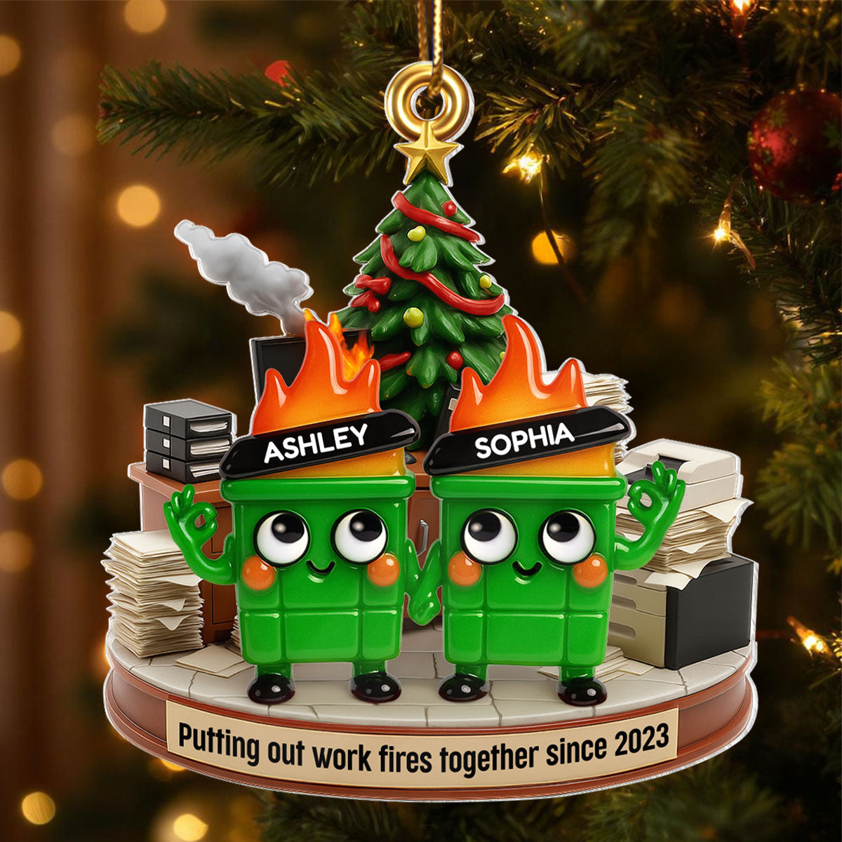Funny Dumpster Fire Office Chaos Background - Personalized Acrylic Ornament - Funny Coworker Christmas Gift, White Elephant Gift for Coworkers