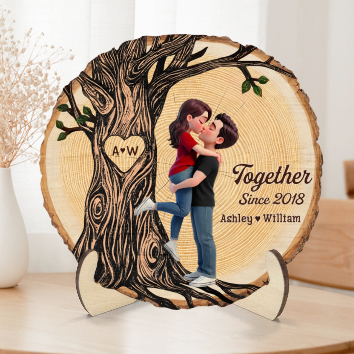 Couple Hugging Kissing Beside Eternal Tree Of Love - Personalized 2-Layered Wooden Plaque - Gift For Couple