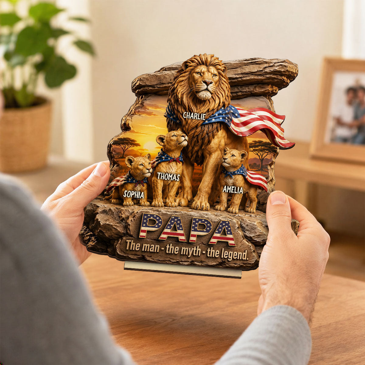 Lion Dad Papa the Legend - Personalized 2-Layered Wooden Plaque -  Gift for Dad, Husband
