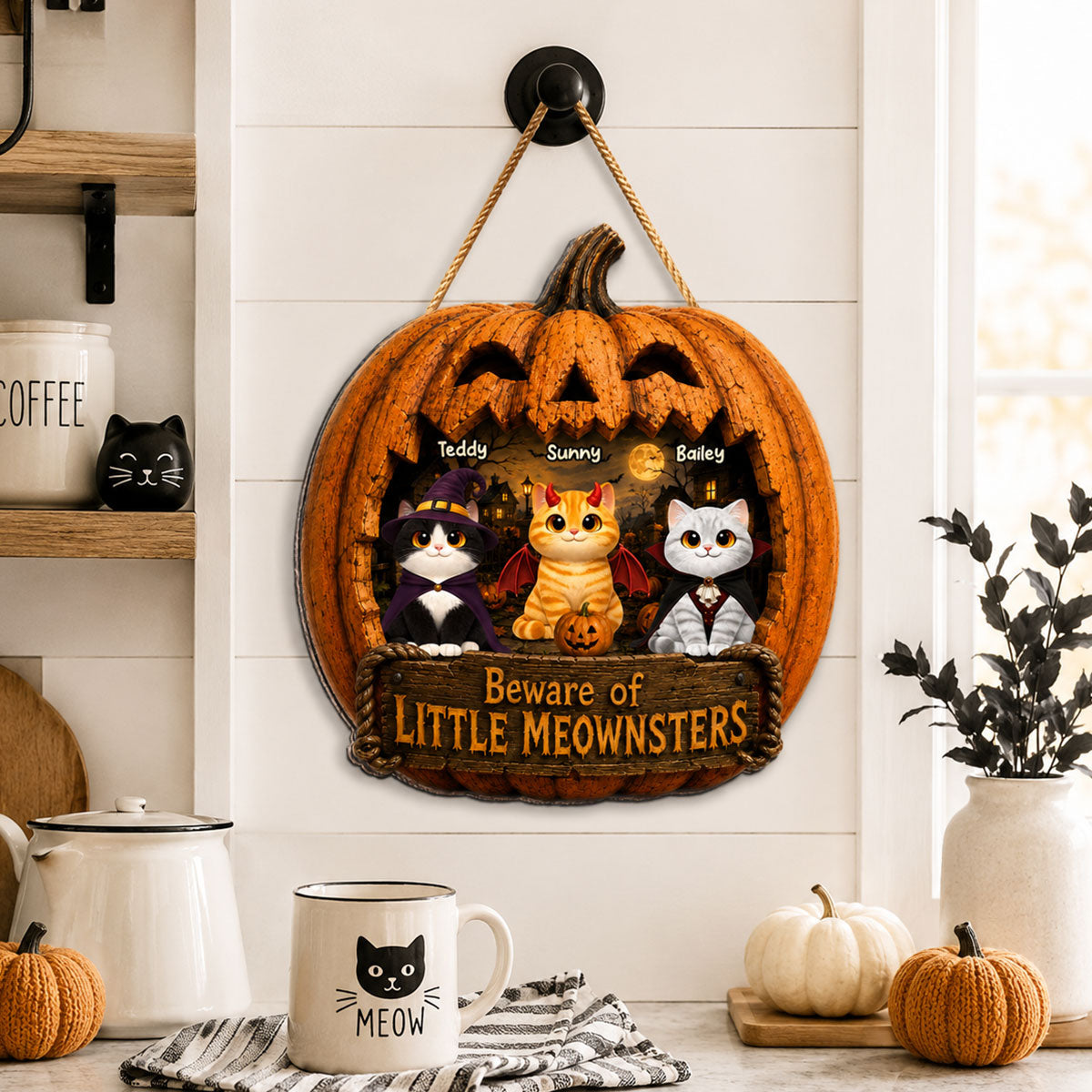 Spooky Halloween Pumpkin Cats - Personalized Wood Sign - Halloween Decor For Cat Lovers