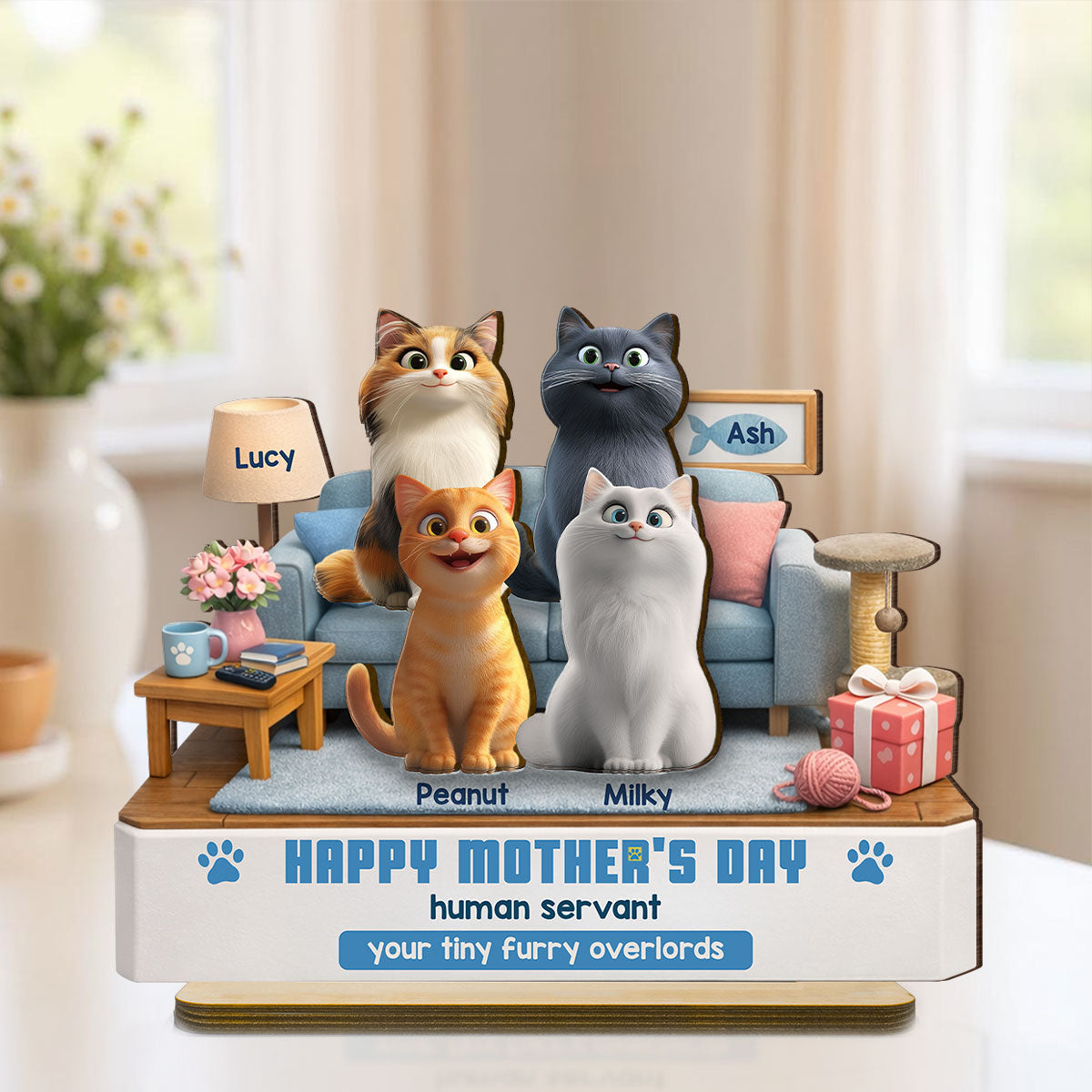Happy Mother's Day Human Servant - Personalized 2-Layered Wooden Plaque - Funny Gift for Cat Moms