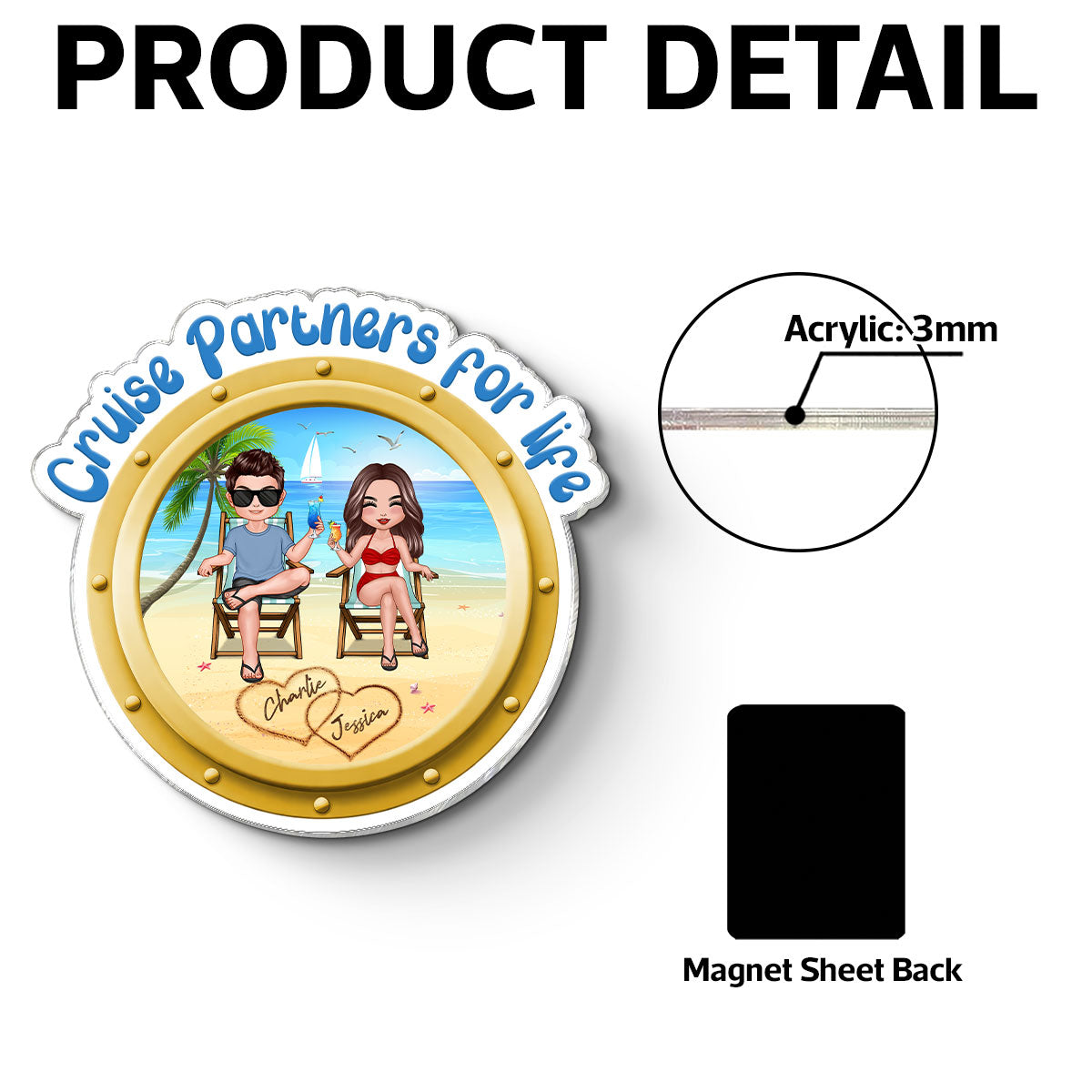 Cruise Partners For Life Porthole Doll Couple Sitting On The Beach - Personalized Cruise Ship Door Magnet
