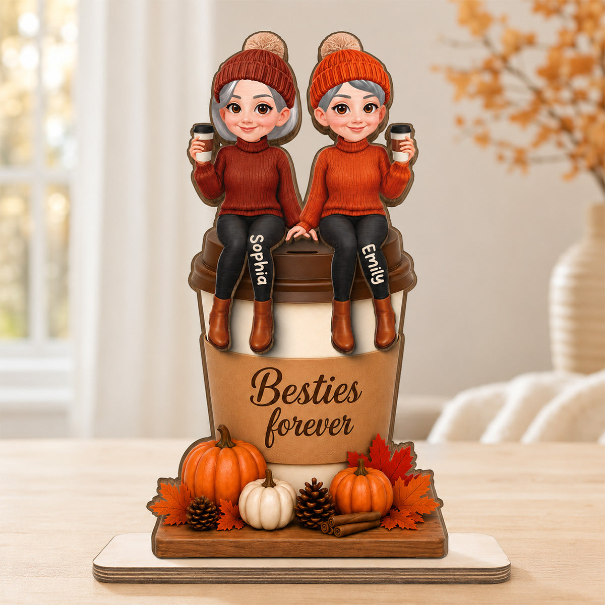 Besties Sitting On Pumpkin Spice Latte 2D Flat - Personalized Wooden Plaque - Cozy Fall Gift