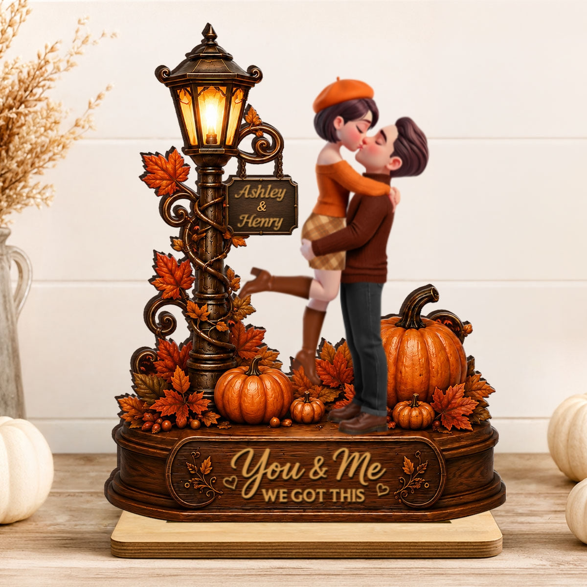 Couple Hugging Under Lamp Post Fall Season - Personalized 2-Layered Wooden Plaque - Heartfelt Gift for Her, for Him