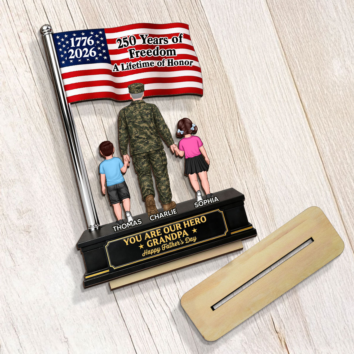 Proud American Military Veteran Grandpa Dad America 250th Anniversary - Personalized 2-Layered Wooden Plaque -  Gift For Dad, Grandpa Husband