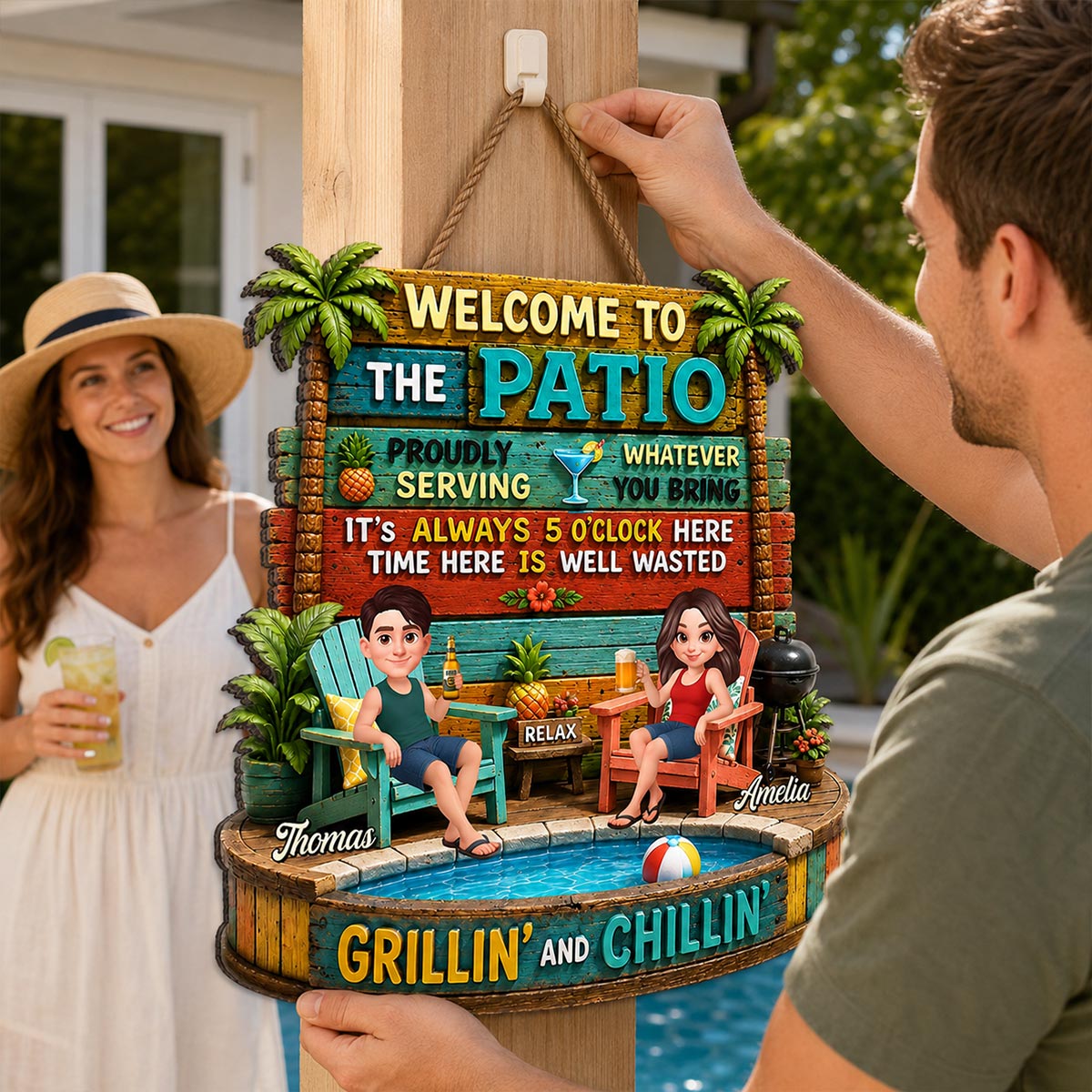 Couple Patio Welcome Proudly Serving Whatever You Bring - Personalized Wooden Sign - Summer Backyard Decor